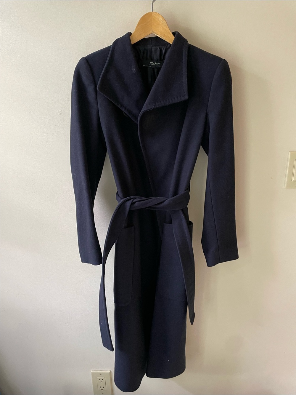 Zara Navy Wrap Belted Wool-Blend Coat